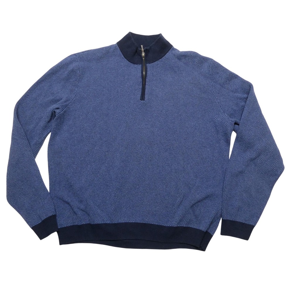 J McLaughlin Sweater Mens L Blue Herringbone 1/4 Zip Mock Neck Knit Pullover